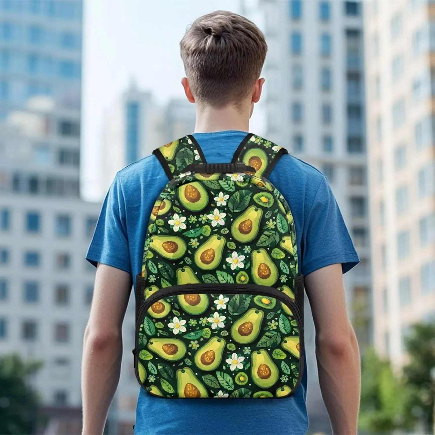 Avocado Green Leaf Print Large Capacity 17 Inch Laptop Backpack for Men & Women - Durable Water Resistant College School Bookbag, Front Zipper Pocket & Side Water Bottle Pockets