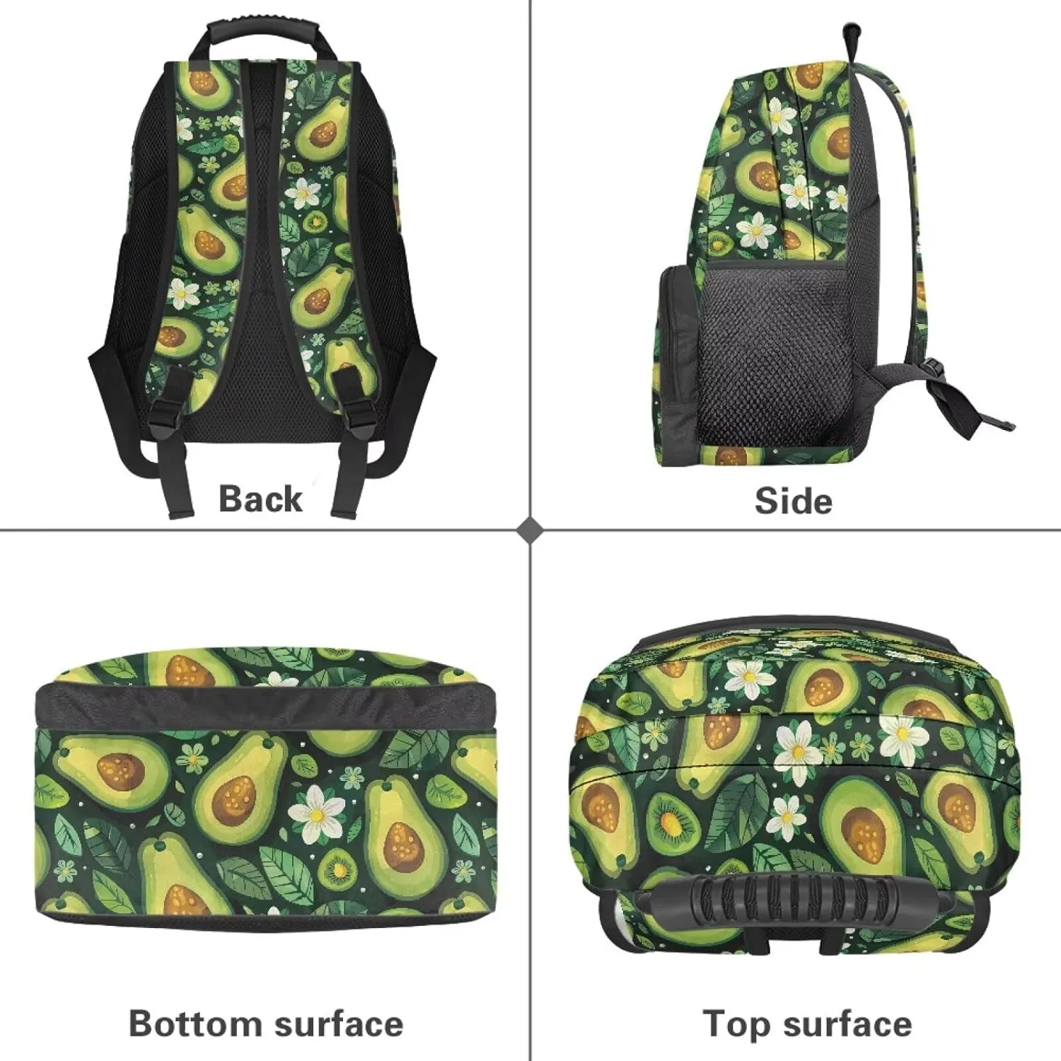 Avocado Green Leaf Print Large Capacity 17 Inch Laptop Backpack for Men & Women - Durable Water Resistant College School Bookbag, Front Zipper Pocket & Side Water Bottle Pockets