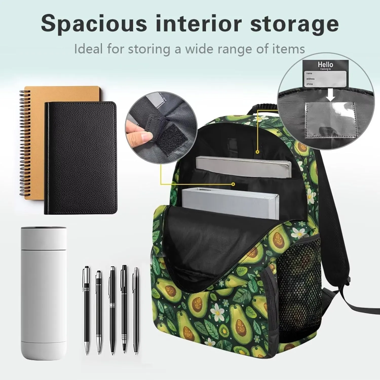 Avocado Green Leaf Print Large Capacity 17 Inch Laptop Backpack for Men & Women - Durable Water Resistant College School Bookbag, Front Zipper Pocket & Side Water Bottle Pockets
