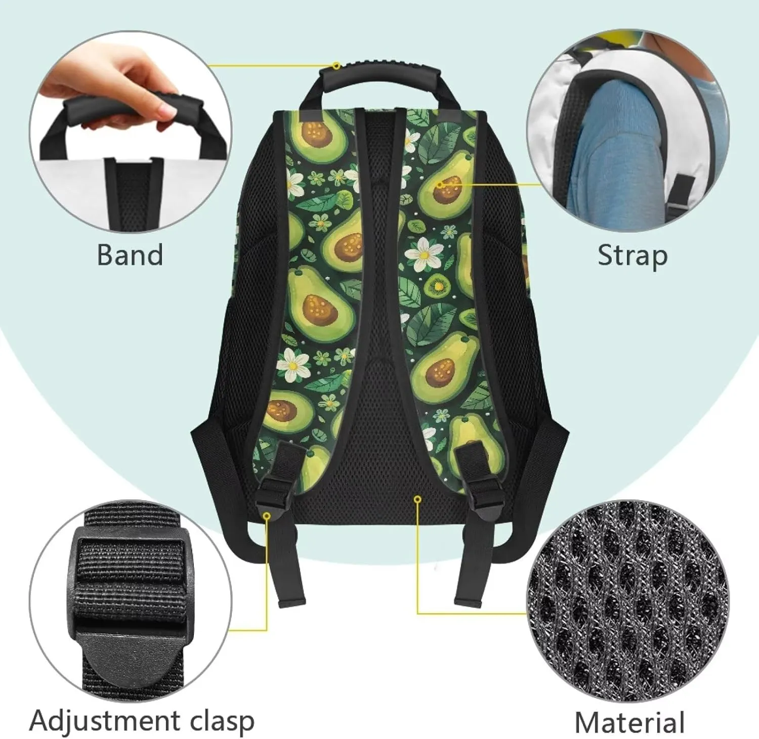 Avocado Green Leaf Print Large Capacity 17 Inch Laptop Backpack for Men & Women - Durable Water Resistant College School Bookbag, Front Zipper Pocket & Side Water Bottle Pockets