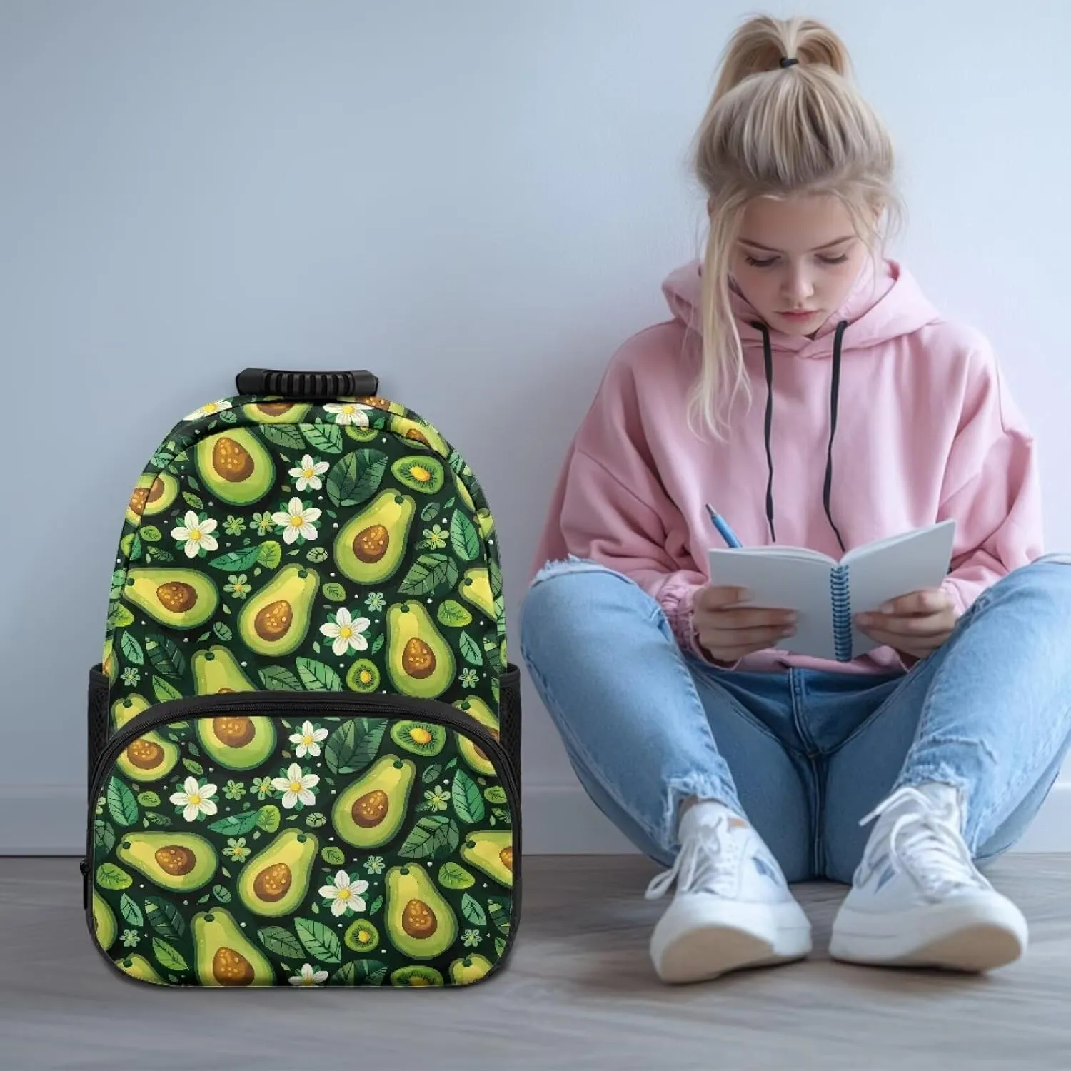 Avocado Green Leaf Print Large Capacity 17 Inch Laptop Backpack for Men & Women - Durable Water Resistant College School Bookbag, Front Zipper Pocket & Side Water Bottle Pockets