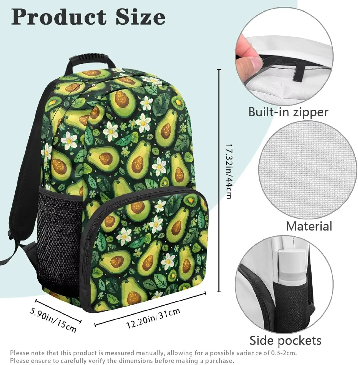 Avocado Green Leaf Print Large Capacity 17 Inch Laptop Backpack for Men & Women - Durable Water Resistant College School Bookbag, Front Zipper Pocket & Side Water Bottle Pockets