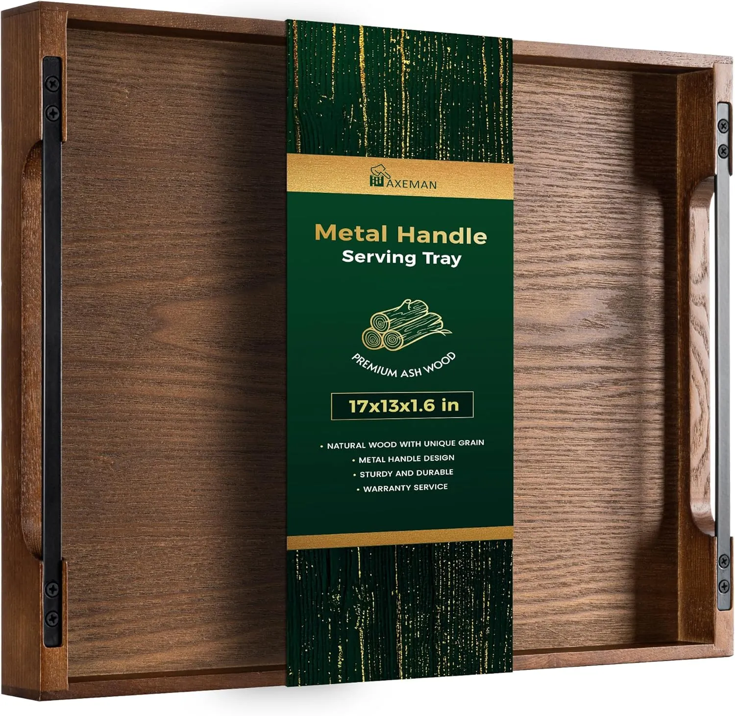 Axeman Wooden Serving Tray with Metal Handles|Ottoman Tray for Breakfast, Bed, Couch|17x13in Ash Wood Coffee Table Trays|Food Drinks Decorative Storage Boards for Ottoman Kitchen, Walnut