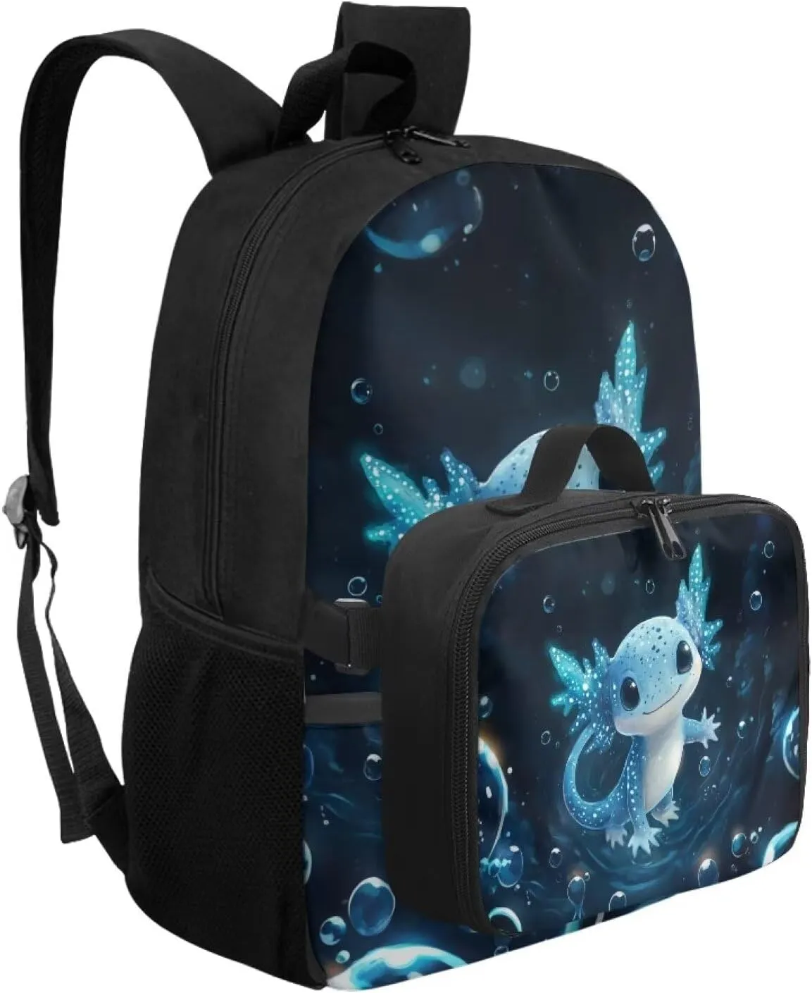Axolotl Backpack Blue Bookbag with Lunch Box Set 2 Pcs School Travel Backpacks for Girls Matching Combo Cute School Bag Set for Teen Laptop Case