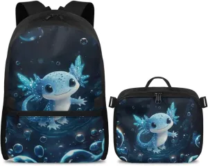 Axolotl Backpack Blue Bookbag with Lunch Box Set 2 Pcs School Travel Backpacks for Girls Matching Combo Cute School Bag Set for Teen Laptop Case