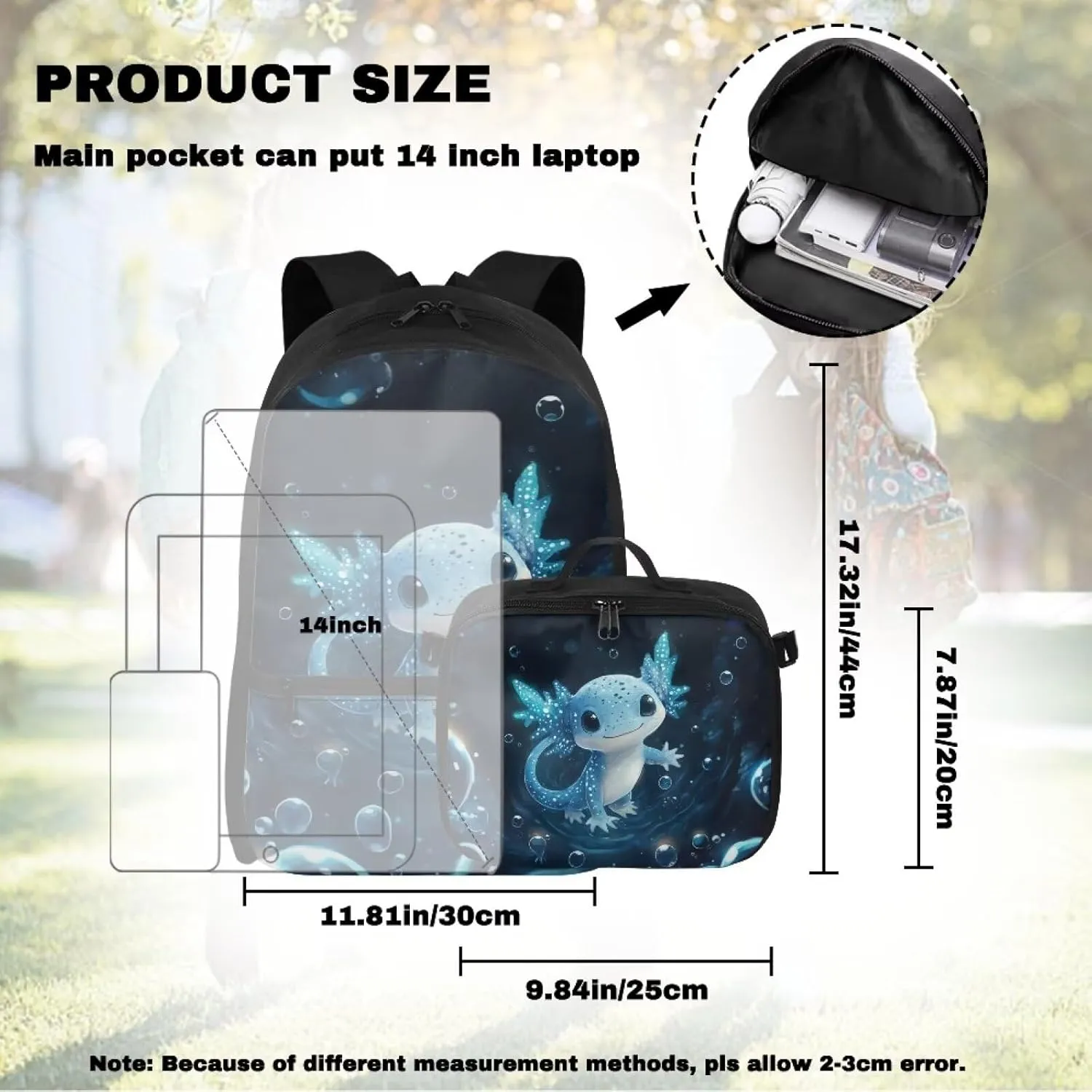 Axolotl Backpack Blue Bookbag with Lunch Box Set 2 Pcs School Travel Backpacks for Girls Matching Combo Cute School Bag Set for Teen Laptop Case