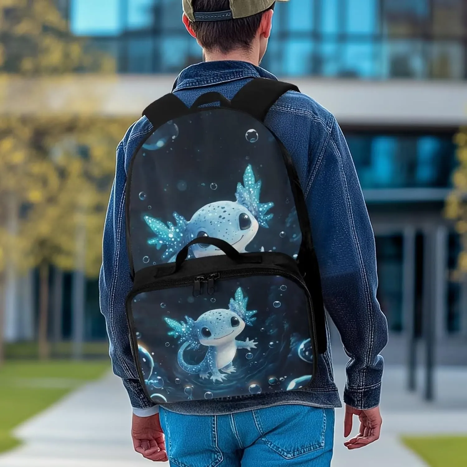 Axolotl Backpack Blue Bookbag with Lunch Box Set 2 Pcs School Travel Backpacks for Girls Matching Combo Cute School Bag Set for Teen Laptop Case