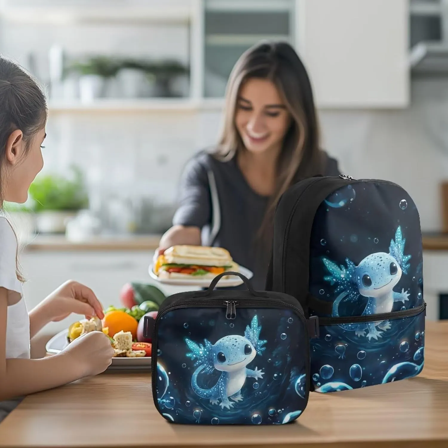 Axolotl Backpack Blue Bookbag with Lunch Box Set 2 Pcs School Travel Backpacks for Girls Matching Combo Cute School Bag Set for Teen Laptop Case