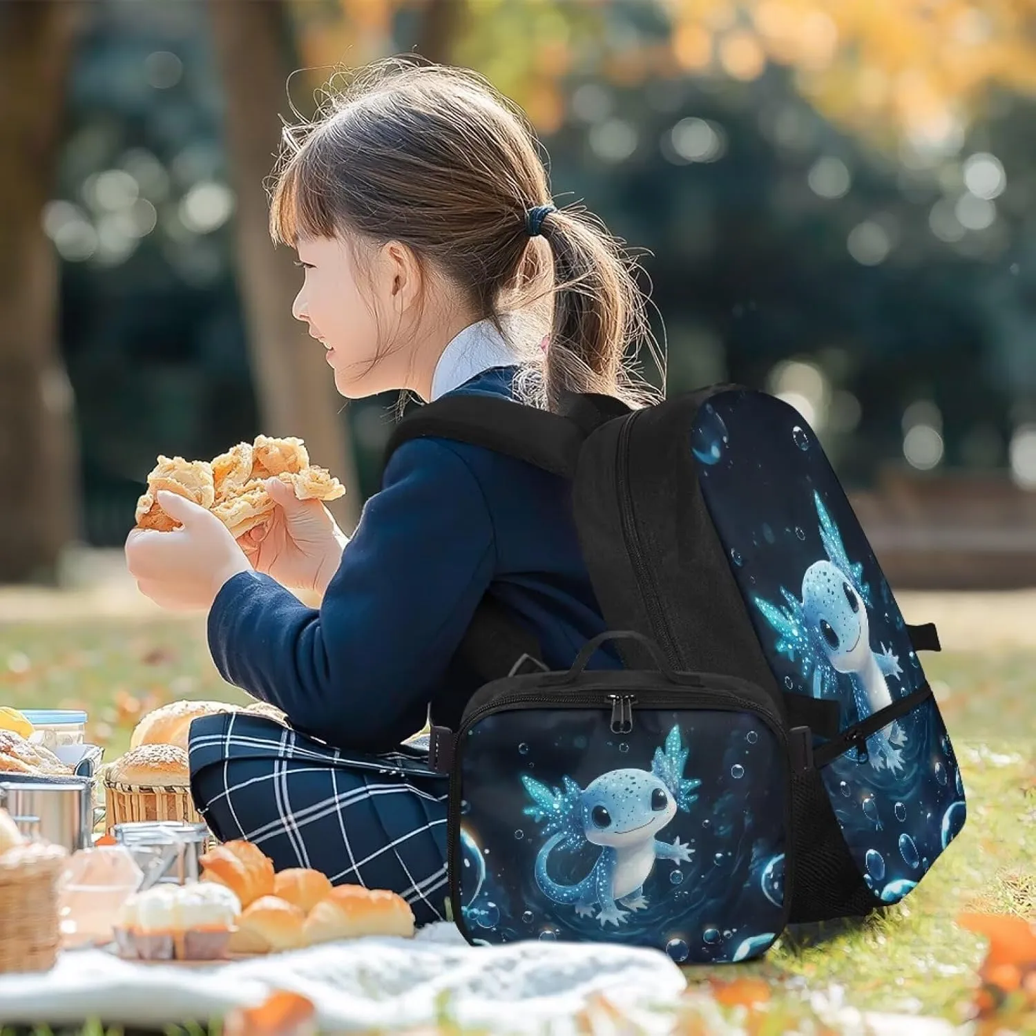 Axolotl Backpack Blue Bookbag with Lunch Box Set 2 Pcs School Travel Backpacks for Girls Matching Combo Cute School Bag Set for Teen Laptop Case