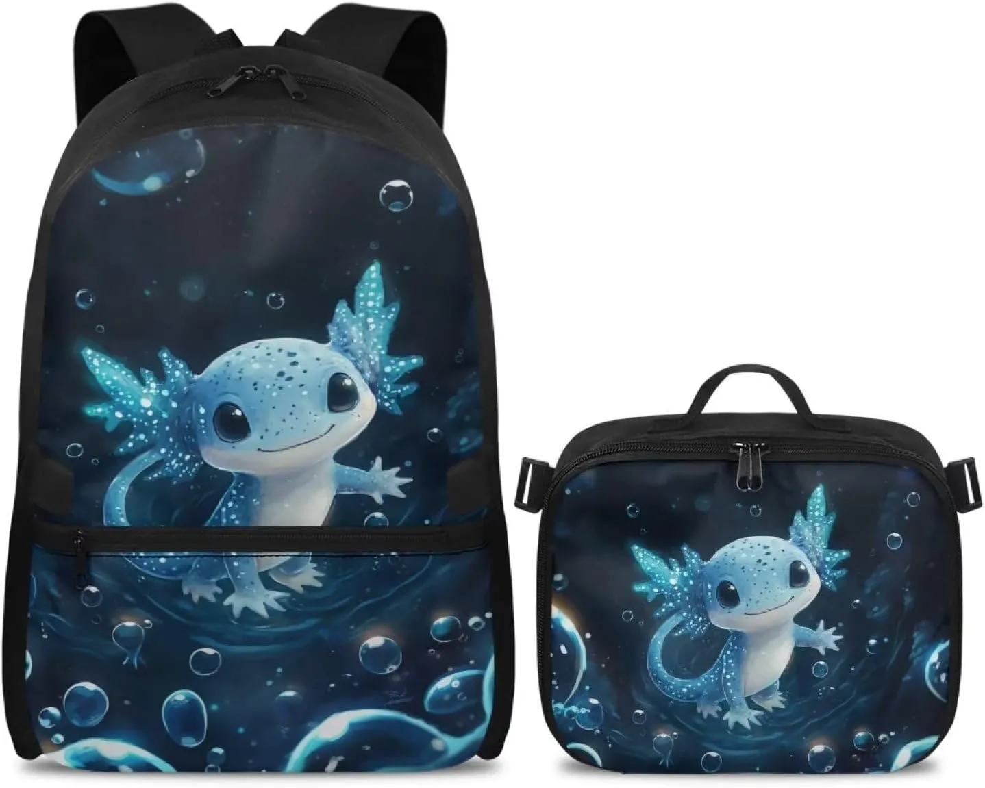 Axolotl Backpack Blue Bookbag with Lunch Box Set 2 Pcs School Travel Backpacks for Girls Matching Combo Cute School Bag Set for Teen Laptop Case