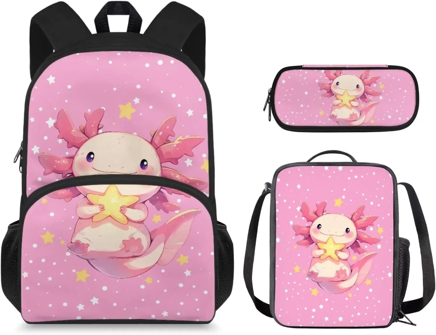 Axolotl Star Backpack for Girls 9-11 Years Personalised Backpack with Lunch Box Lightweight School Bag for Teens with Adjustable Shoulder Strap Cute Back Packs for Kindergarten Elementary
