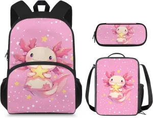 Axolotl Star Backpack for Girls 9-11 Years Personalised Backpack with Lunch Box Lightweight School Bag for Teens with Adjustable Shoulder Strap Cute Back Packs for Kindergarten Elementary