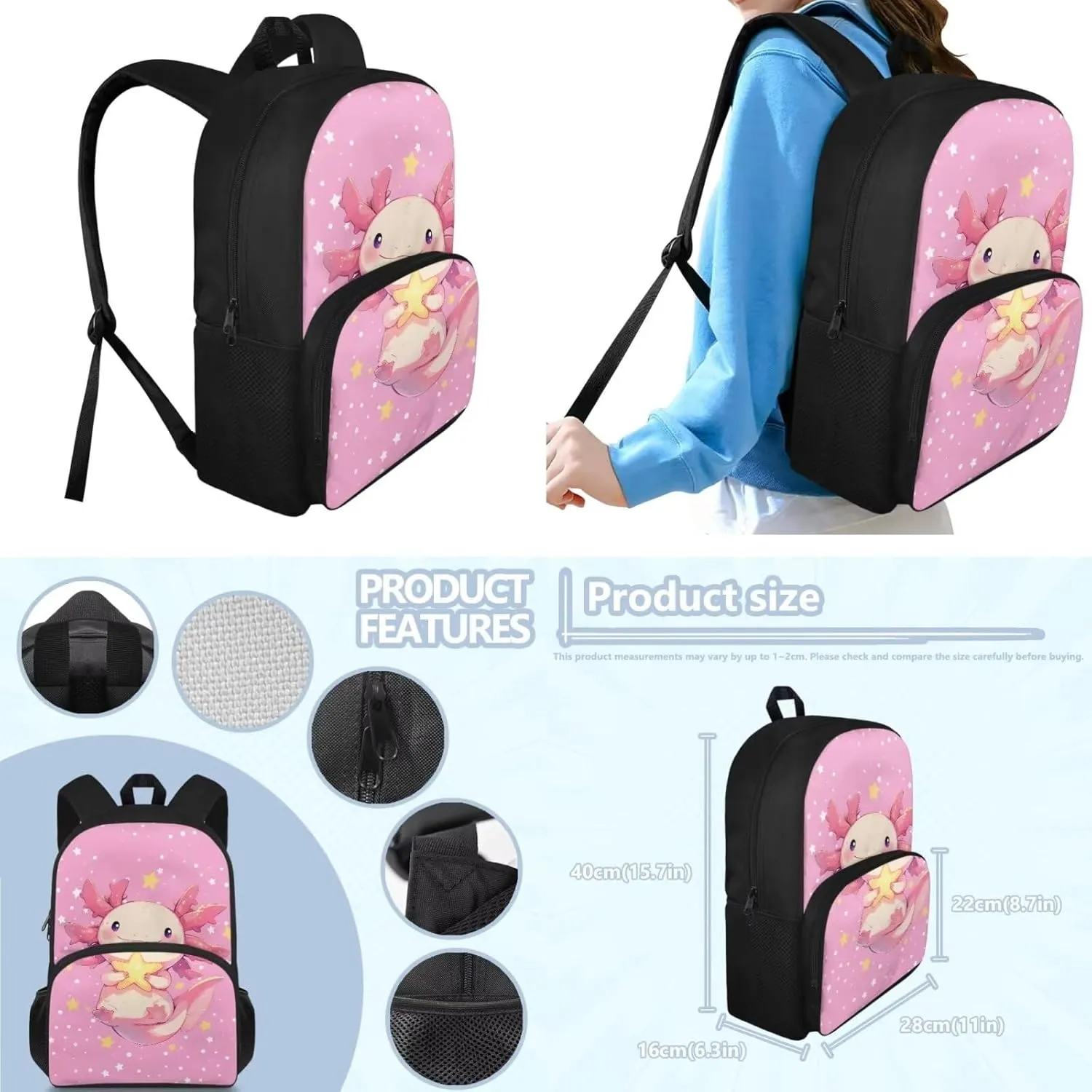 Axolotl Star Backpack for Girls 9-11 Years Personalised Backpack with Lunch Box Lightweight School Bag for Teens with Adjustable Shoulder Strap Cute Back Packs for Kindergarten Elementary