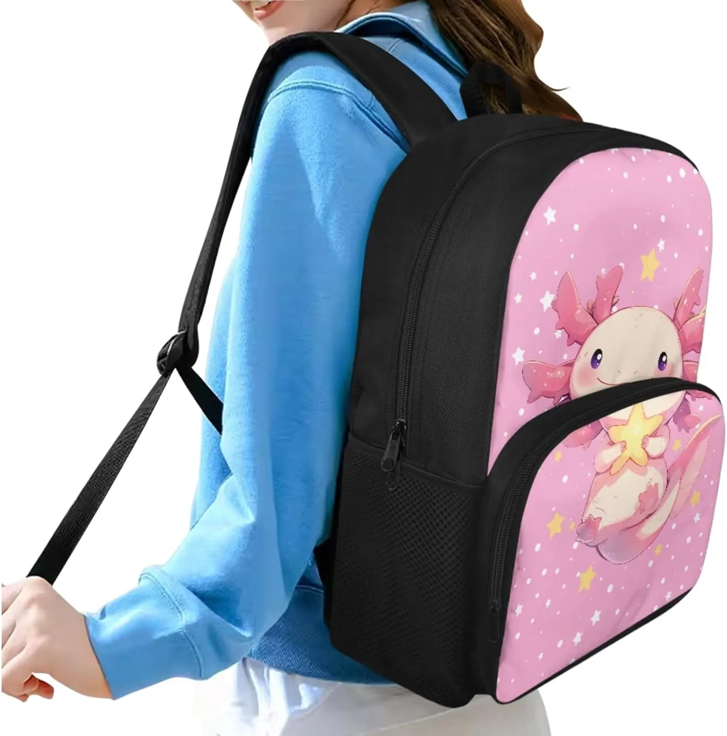Axolotl Star Backpack for Girls 9-11 Years Personalised Backpack with Lunch Box Lightweight School Bag for Teens with Adjustable Shoulder Strap Cute Back Packs for Kindergarten Elementary