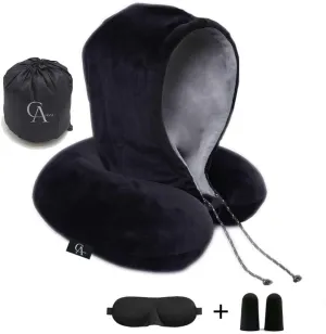 AYEZA Ultra Soft Travel Neck Pillows with Hoodie. 100% Memory Foam. Reversible Hoodie Pillows for Sleeping. Travel Airplane Kit with Storage Bag and Eye Mask. (Black)