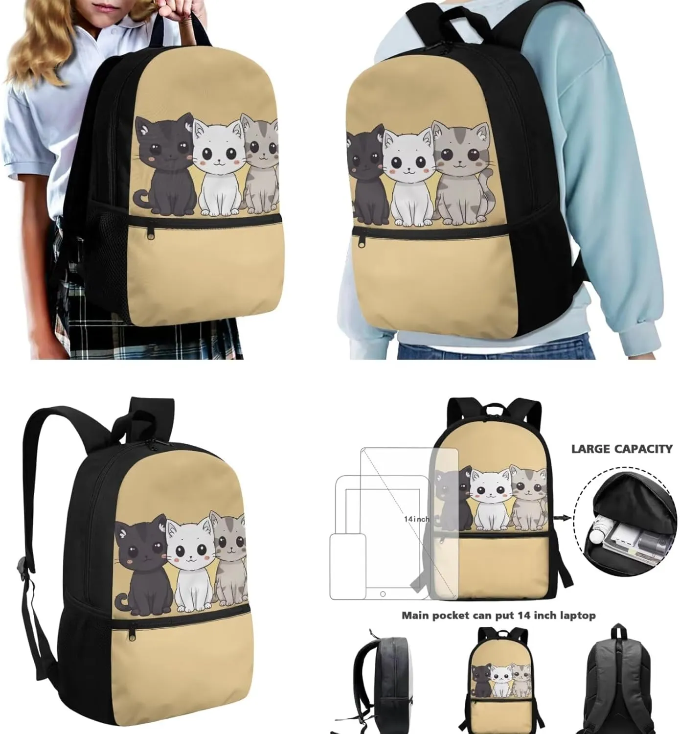 Baby Cat Backpack and Lunch Box Kids Backpacks with Lunch Bag fo Girls Elementary School Cute Book Bags for 6th Grade Girl Lunchbox Set Teens Pencil Case Back to School