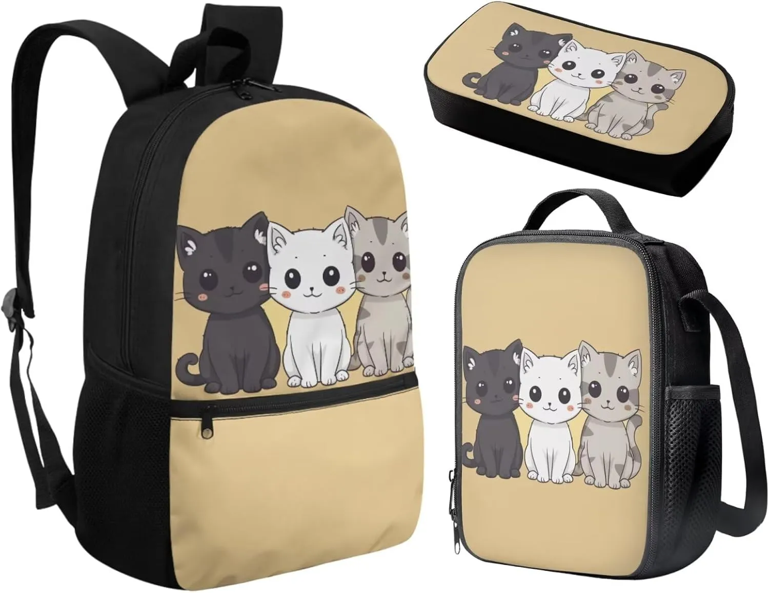 Baby Cat Backpack and Lunch Box Kids Backpacks with Lunch Bag fo Girls Elementary School Cute Book Bags for 6th Grade Girl Lunchbox Set Teens Pencil Case Back to School