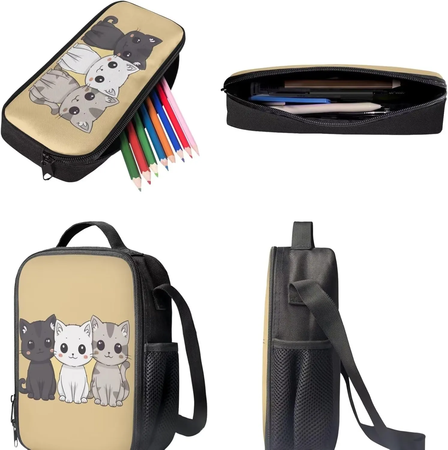 Baby Cat Backpack and Lunch Box Kids Backpacks with Lunch Bag fo Girls Elementary School Cute Book Bags for 6th Grade Girl Lunchbox Set Teens Pencil Case Back to School