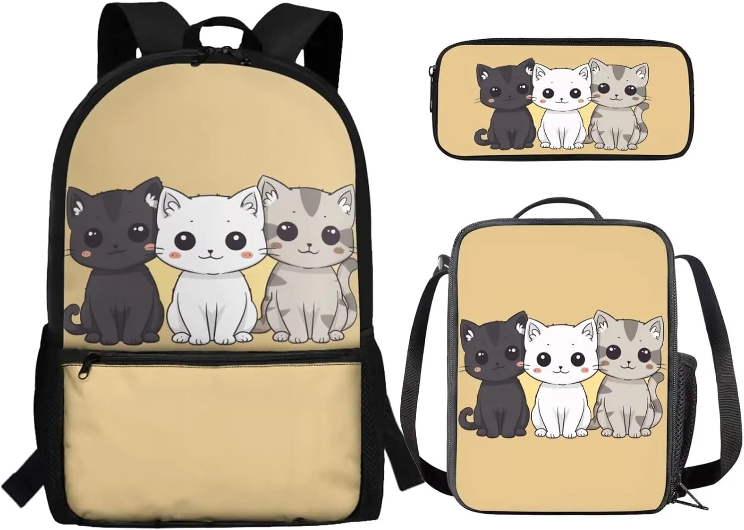 Baby Cat Backpack and Lunch Box Kids Backpacks with Lunch Bag fo Girls Elementary School Cute Book Bags for 6th Grade Girl Lunchbox Set Teens Pencil Case Back to School