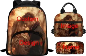 Backpack and Lunch Box Set Boys Custom Your Name and Image School Bag Waterproof Leakproof Freezable Lunch Bag for Teens Girls Cute Mini Pencil Case for Middle School