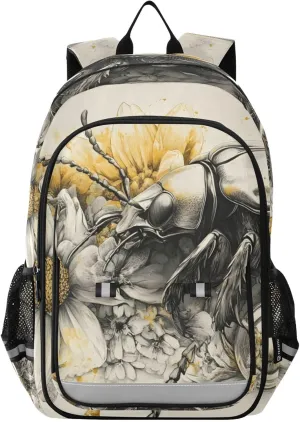 Backpack Beetle Floral for Women Men Travel Laptop Backpacks Daypack Book Bag Daypack with Reflective Strip 12.9” × 17.7”