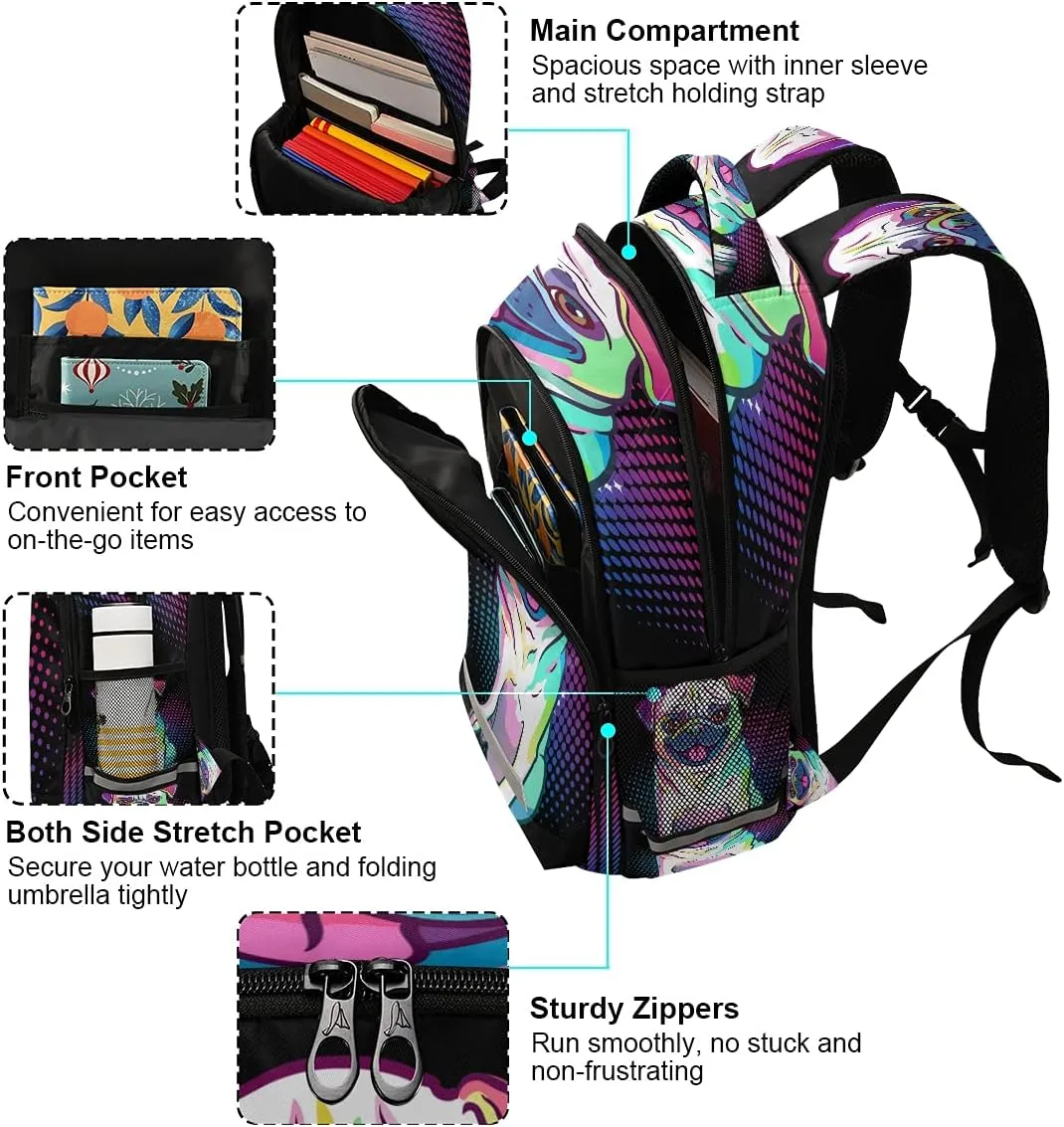 Backpack Bookbag Pug Dog Pop Art Style School Bag Travel Bag for Girls Boys Teen