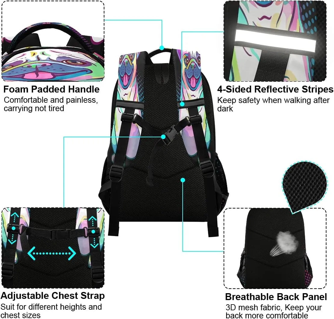 Backpack Bookbag Pug Dog Pop Art Style School Bag Travel Bag for Girls Boys Teen