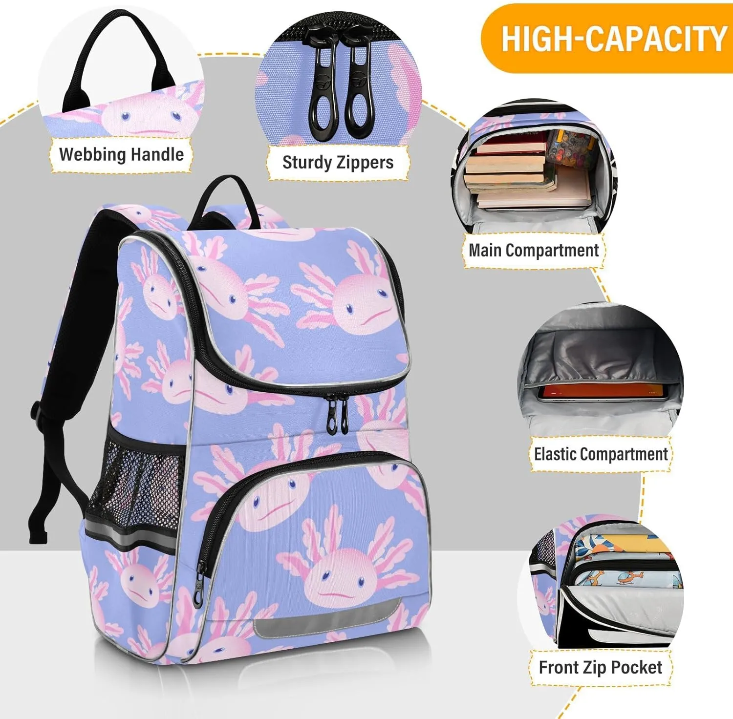 Backpack Cute Axolotl Salamander School Backpack Travel Hiking Large Capacity Causal Daypack Bookbag Laptop Schoolbag with Reflective Tape for Boys Girls Adults