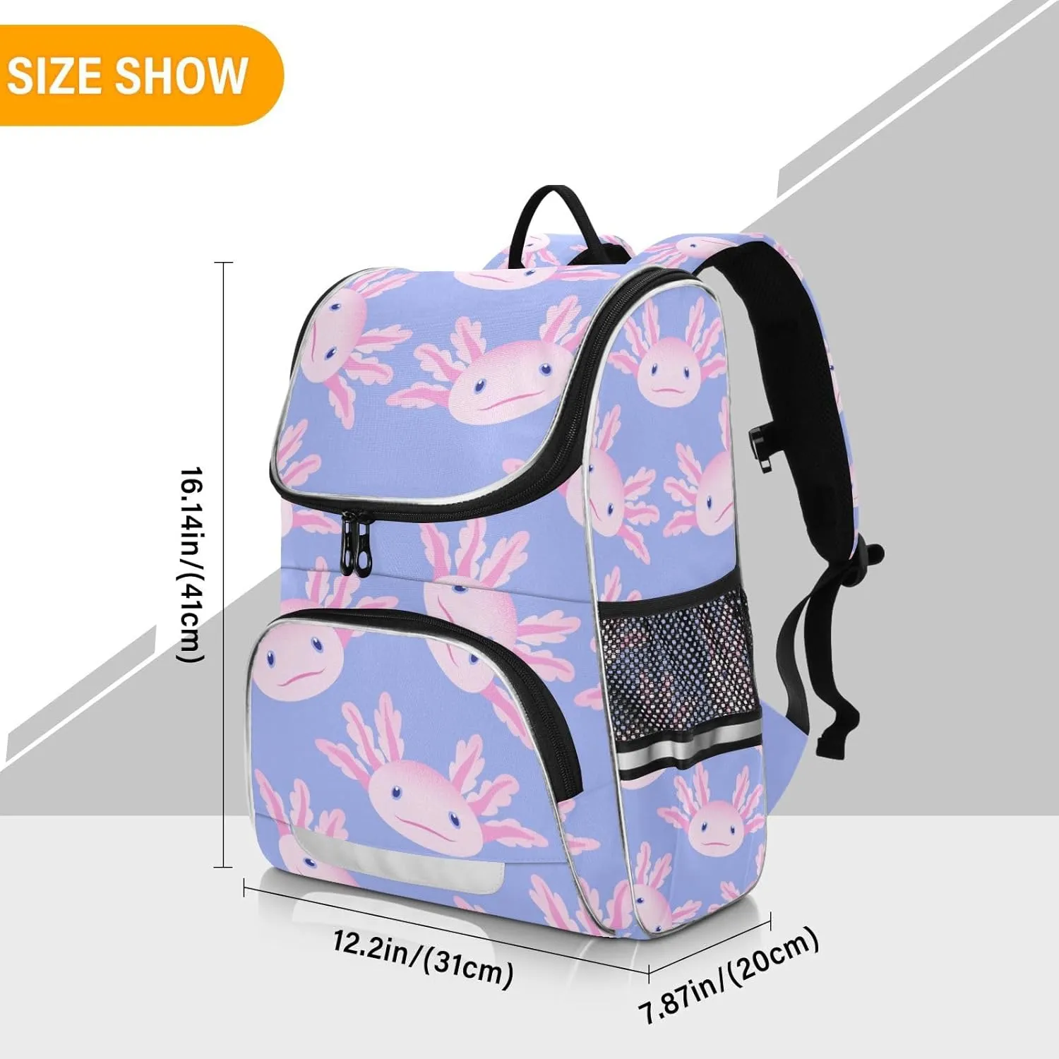 Backpack Cute Axolotl Salamander School Backpack Travel Hiking Large Capacity Causal Daypack Bookbag Laptop Schoolbag with Reflective Tape for Boys Girls Adults