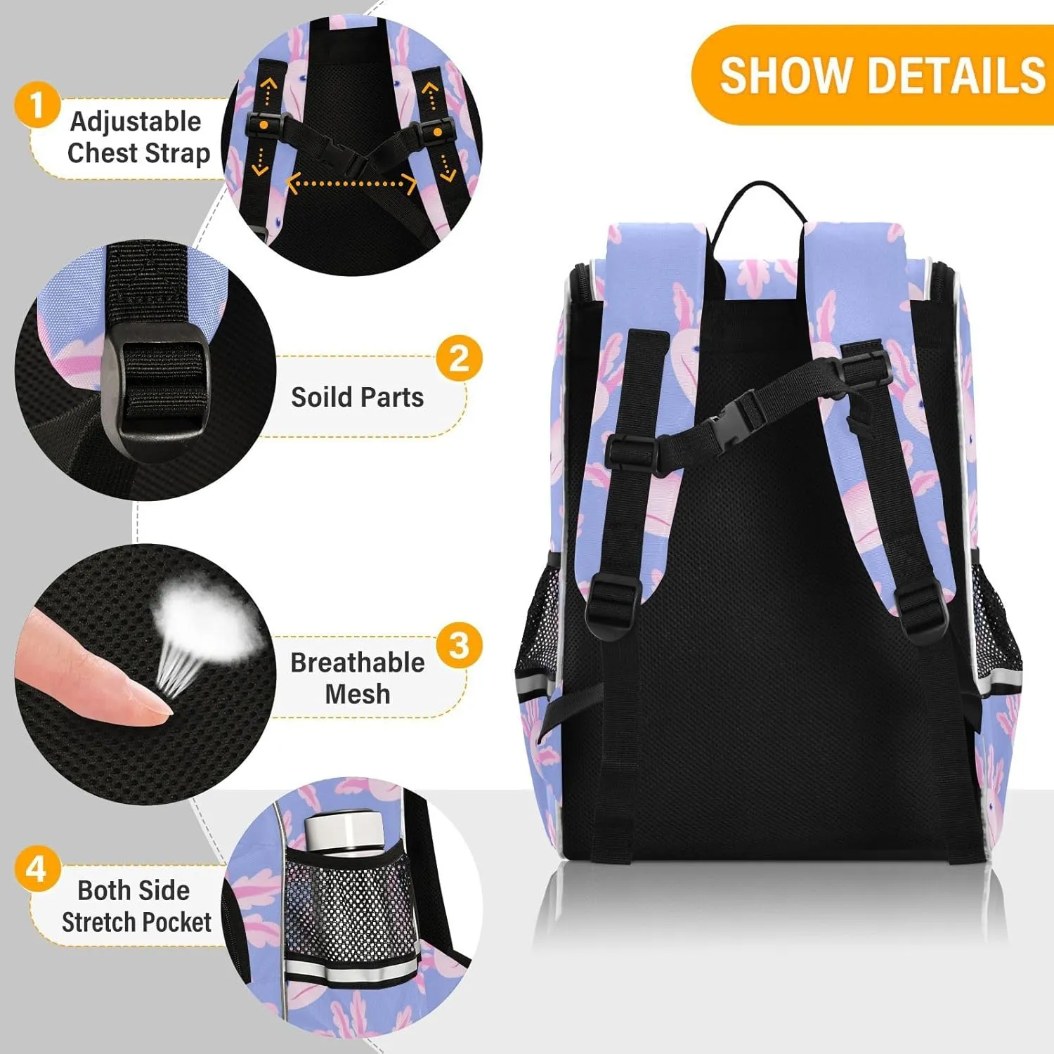 Backpack Cute Axolotl Salamander School Backpack Travel Hiking Large Capacity Causal Daypack Bookbag Laptop Schoolbag with Reflective Tape for Boys Girls Adults