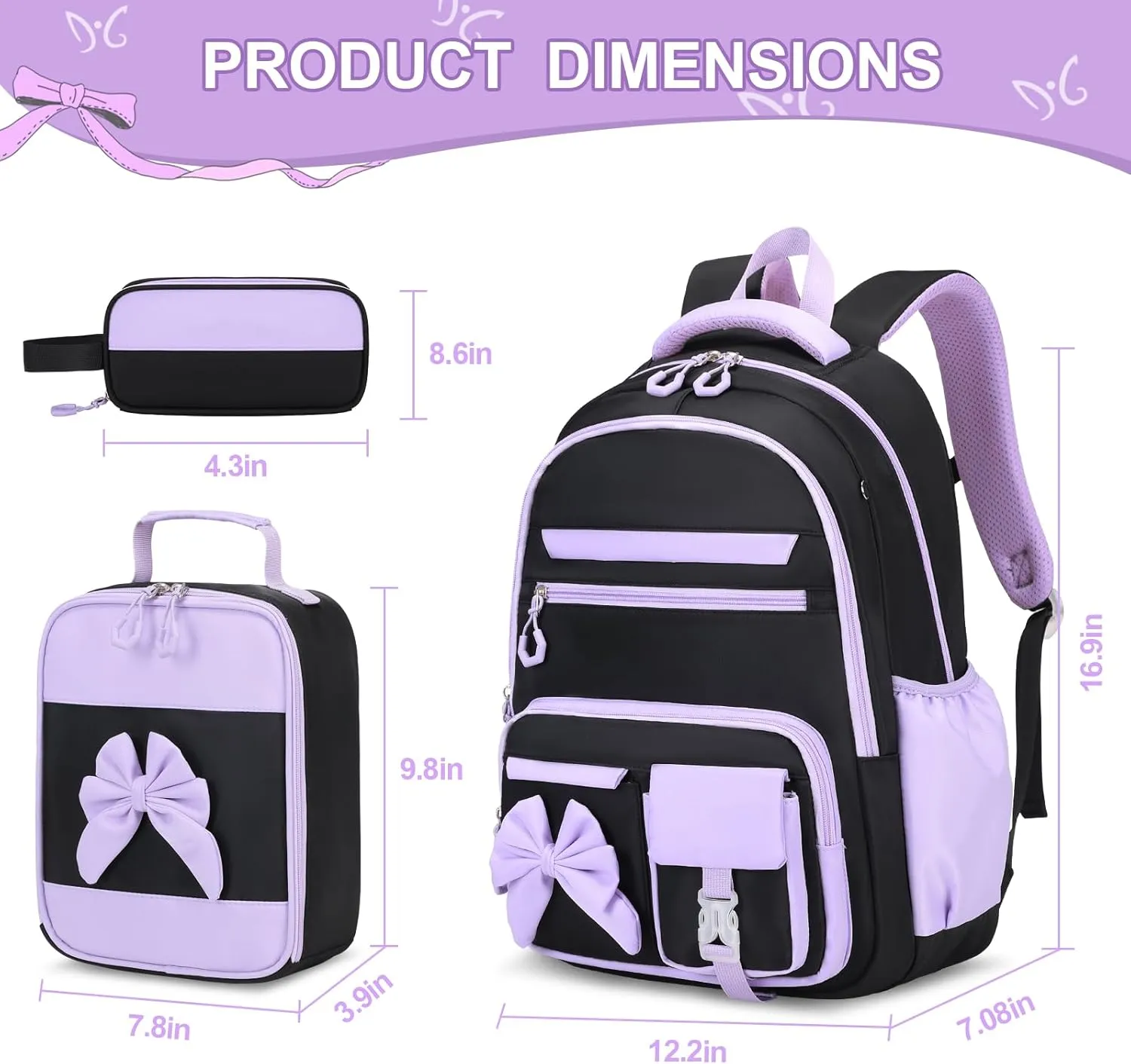 Backpack for Girls, 3PCS Girls Backpack for School with Lunch Bag Pencil Case, Cute Kids Bookbag Teens Backpack for Kindergarten Elementary Preschool Middle School (Black-Purple)