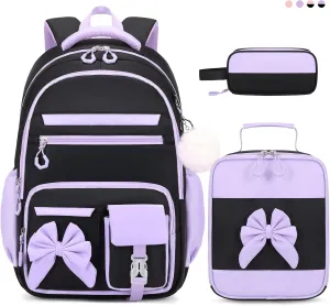 Backpack for Girls, 3PCS Girls Backpack for School with Lunch Bag Pencil Case, Cute Kids Bookbag Teens Backpack for Kindergarten Elementary Preschool Middle School (Black-Purple)