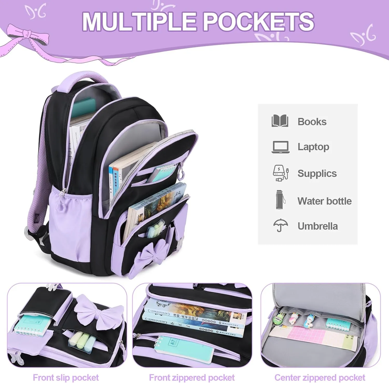 Backpack for Girls, 3PCS Girls Backpack for School with Lunch Bag Pencil Case, Cute Kids Bookbag Teens Backpack for Kindergarten Elementary Preschool Middle School (Black-Purple)