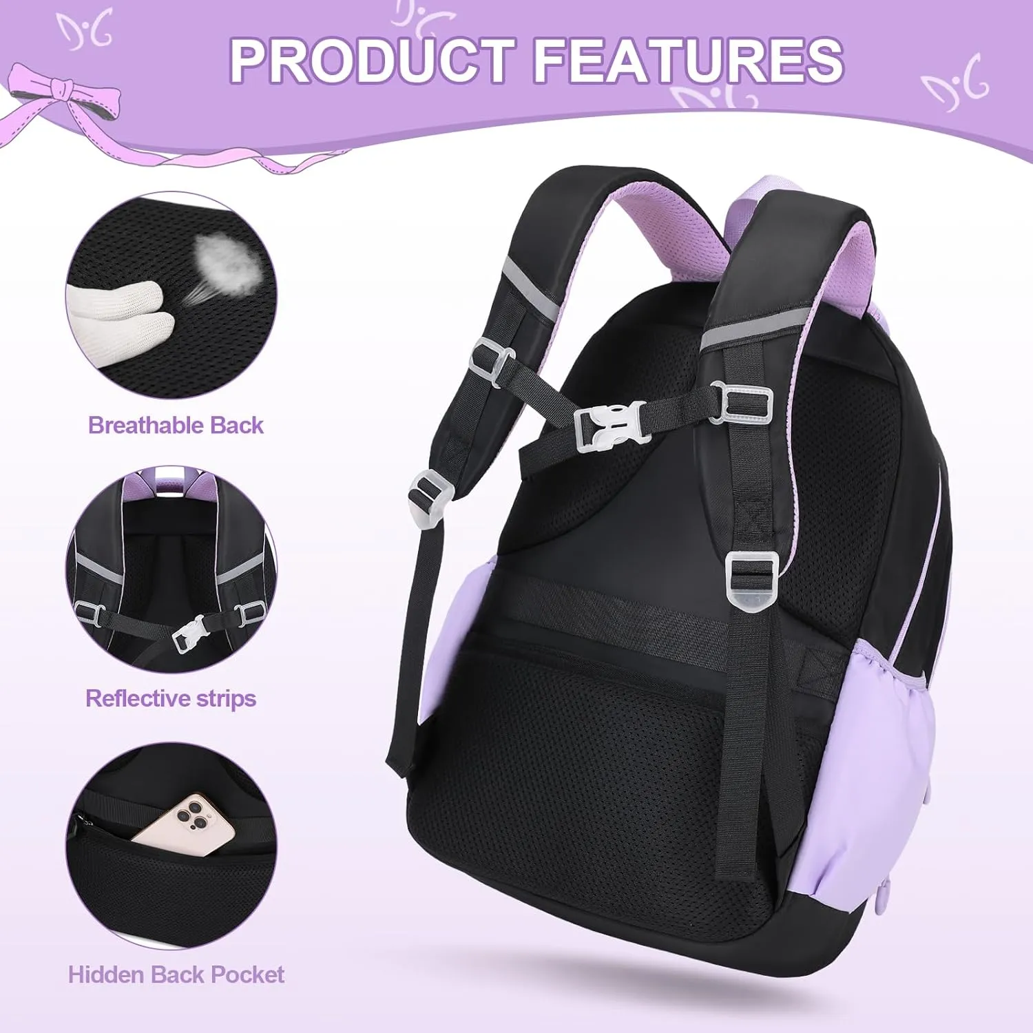 Backpack for Girls, 3PCS Girls Backpack for School with Lunch Bag Pencil Case, Cute Kids Bookbag Teens Backpack for Kindergarten Elementary Preschool Middle School (Black-Purple)