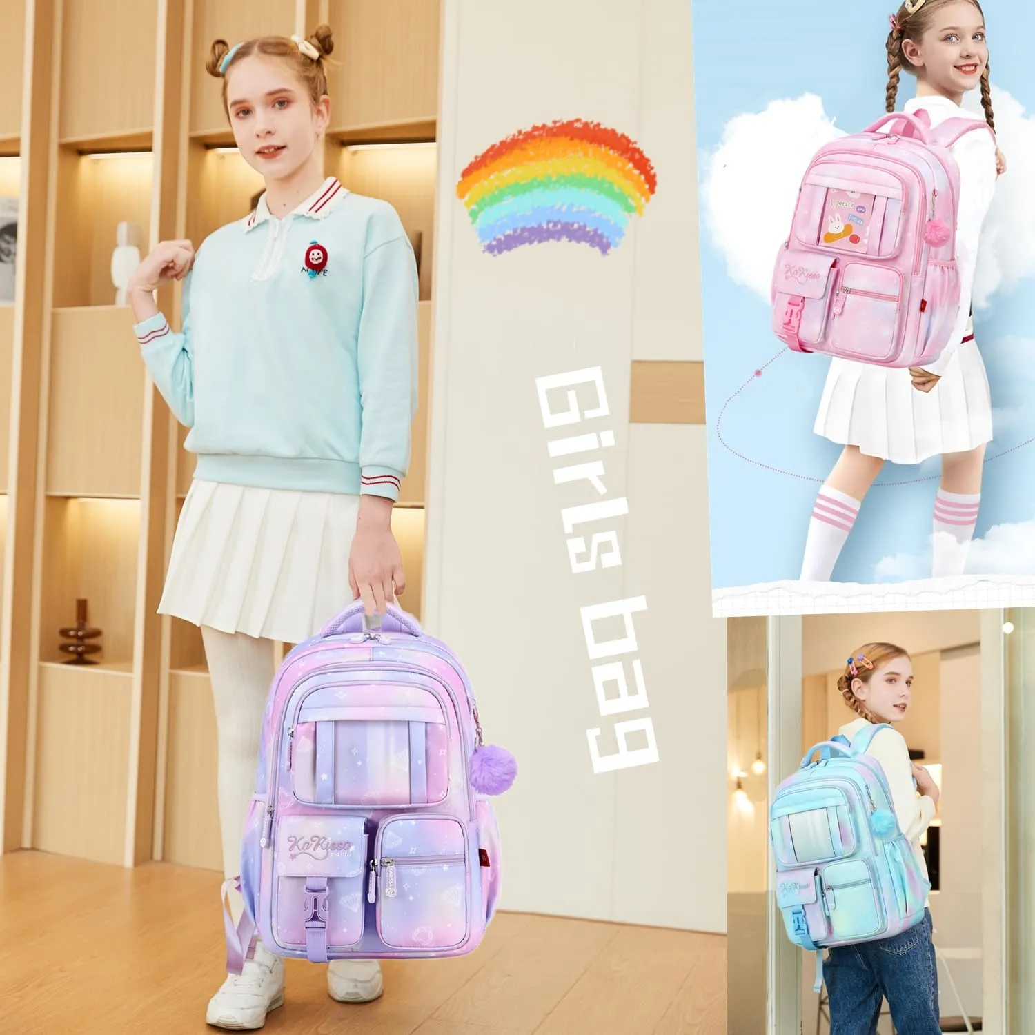 Backpack for Girls with Chest Buckle Kids Bookbag for Elementary School Water Resistant School Bag Blue