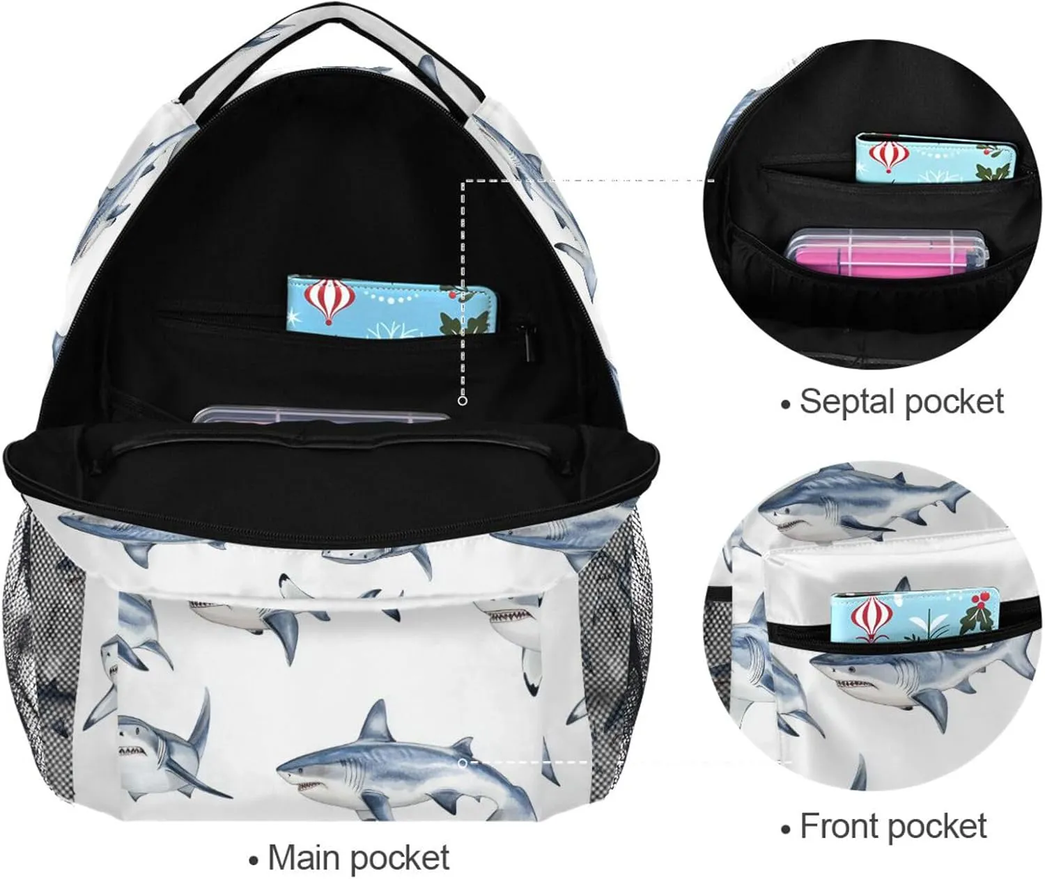 Backpack for Teenager Waterproof Outdoor Backpack with Chest Strap Gift Men & Women Cartoon Funny fish sea White