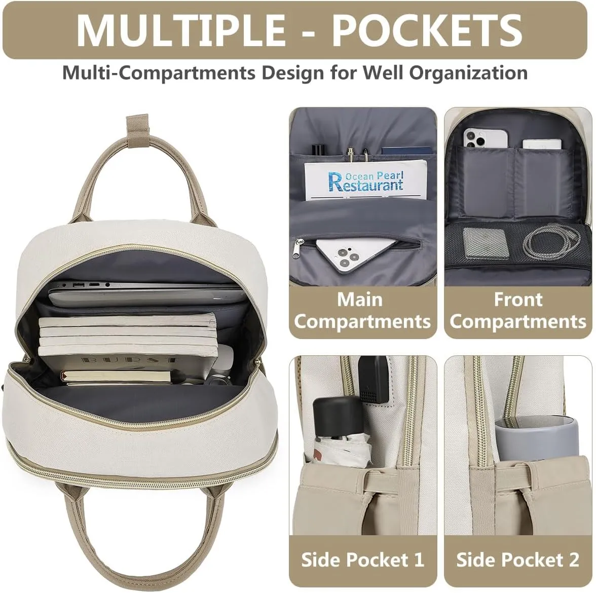 Backpack for Women Laptop Bag: Work Travel Backpacks Fits 17 inch Computer Waterproof College Bookbag with USB Charger Anti-theft Business Casual Backpack Purse for Nurse Teacher Beige Khaki