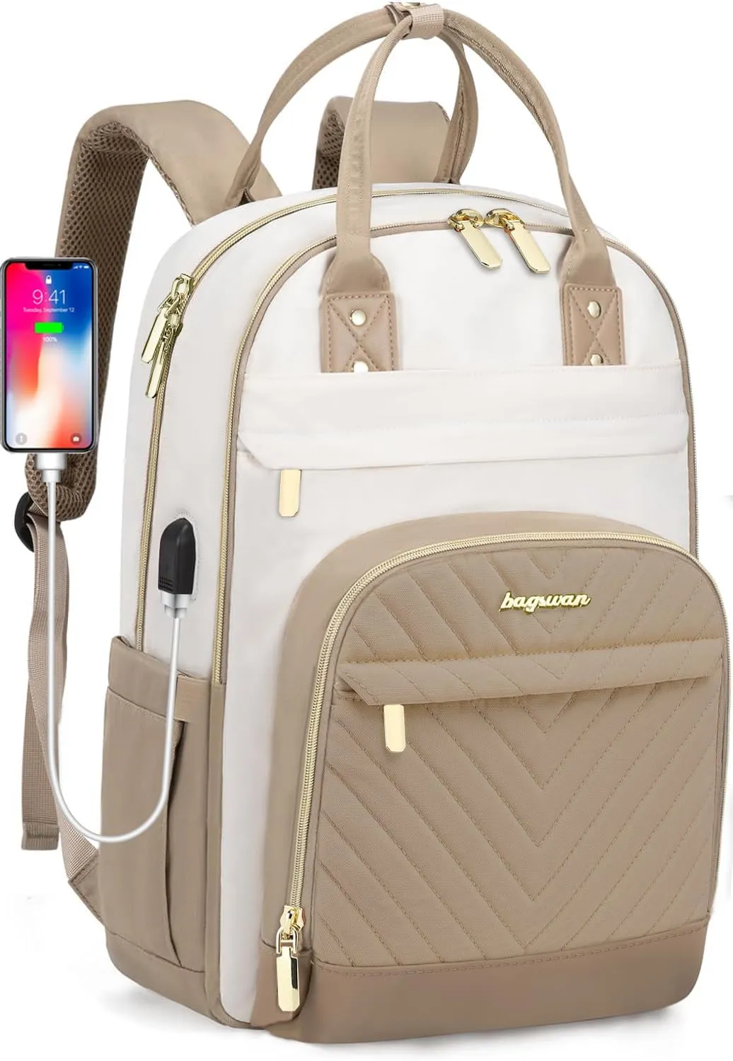 Backpack for Women Laptop Bag: Work Travel Backpacks Fits 17 inch Computer Waterproof College Bookbag with USB Charger Anti-theft Business Casual Backpack Purse for Nurse Teacher Beige Khaki