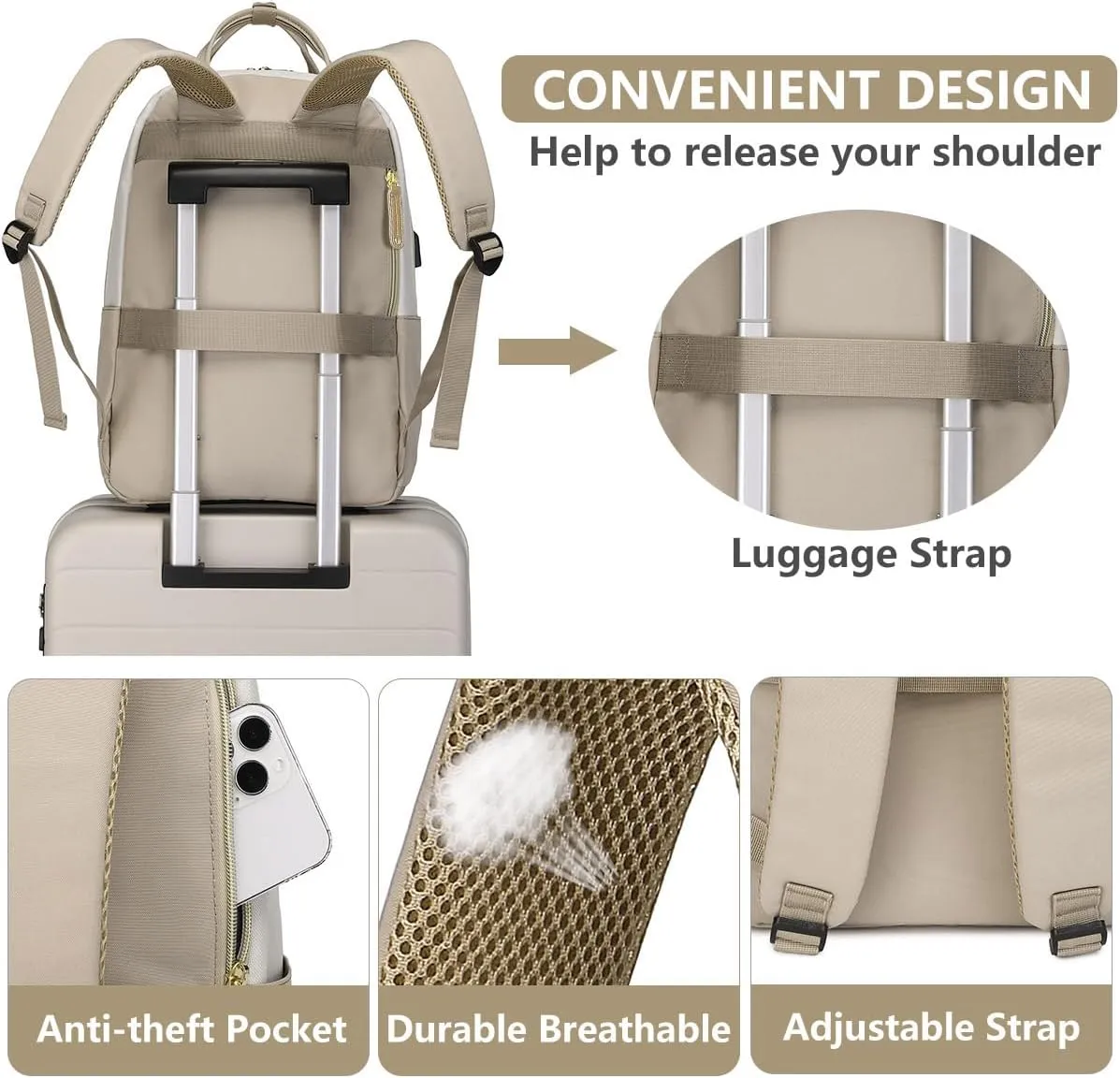 Backpack for Women Laptop Bag: Work Travel Backpacks Fits 17 inch Computer Waterproof College Bookbag with USB Charger Anti-theft Business Casual Backpack Purse for Nurse Teacher Beige Khaki