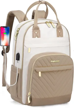 Backpack for Women Laptop Bag: Work Travel Backpacks Fits 17 inch Computer Waterproof College Bookbag with USB Charger Anti-theft Business Casual Backpack Purse for Nurse Teacher Beige Khaki