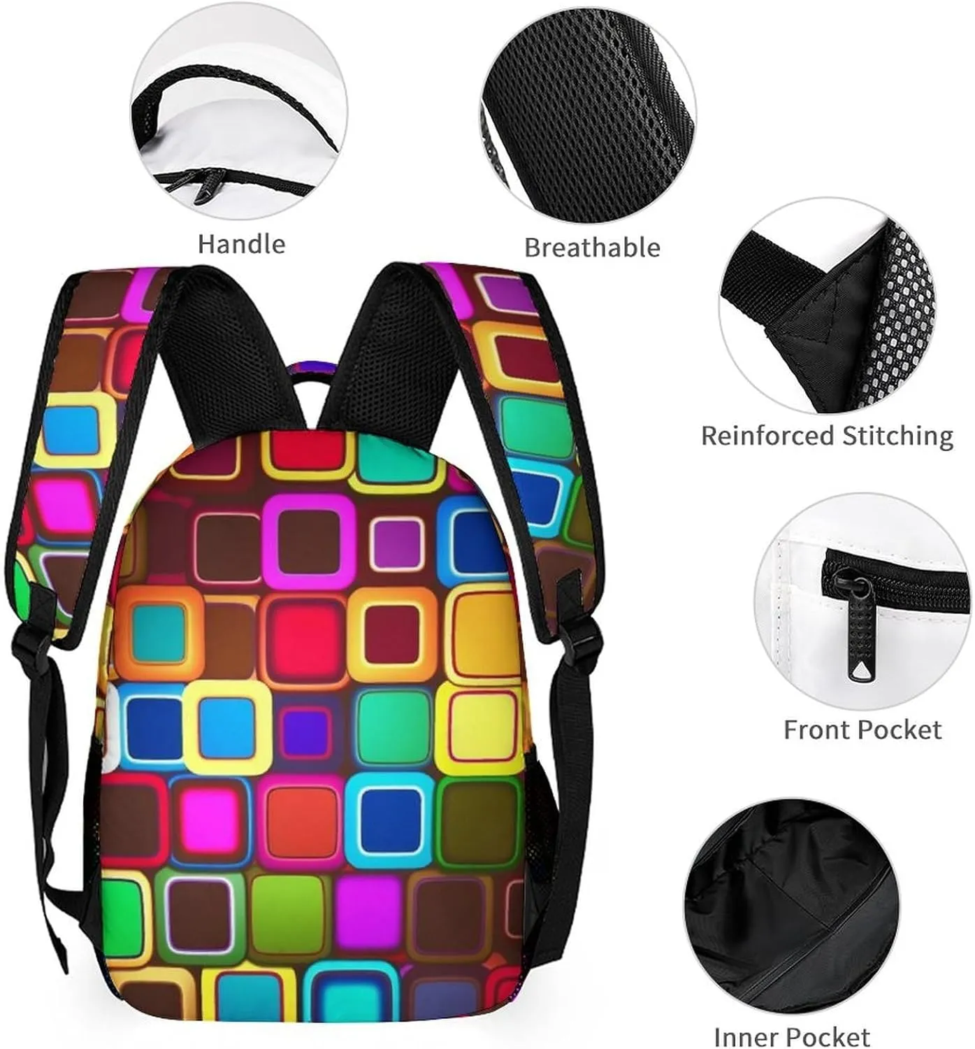 Backpack for Women Men Travel Colorful Squares Daypack Lightweight Laptop Bag Carry On Backpacks for Work