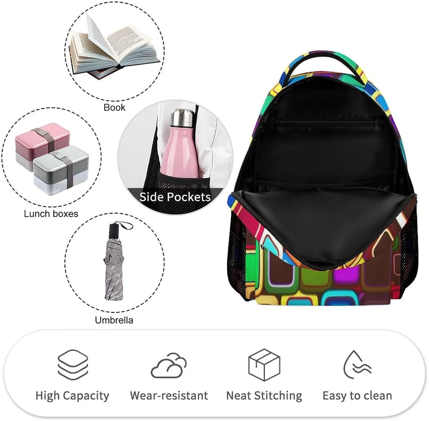 Backpack for Women Men Travel Colorful Squares Daypack Lightweight Laptop Bag Carry On Backpacks for Work