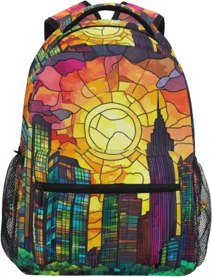 Backpack Stained Glass Cityscape Skyscrapers for Women Men Laptop Travel Backpack Book Bag Daypack 11.4 ×16 In