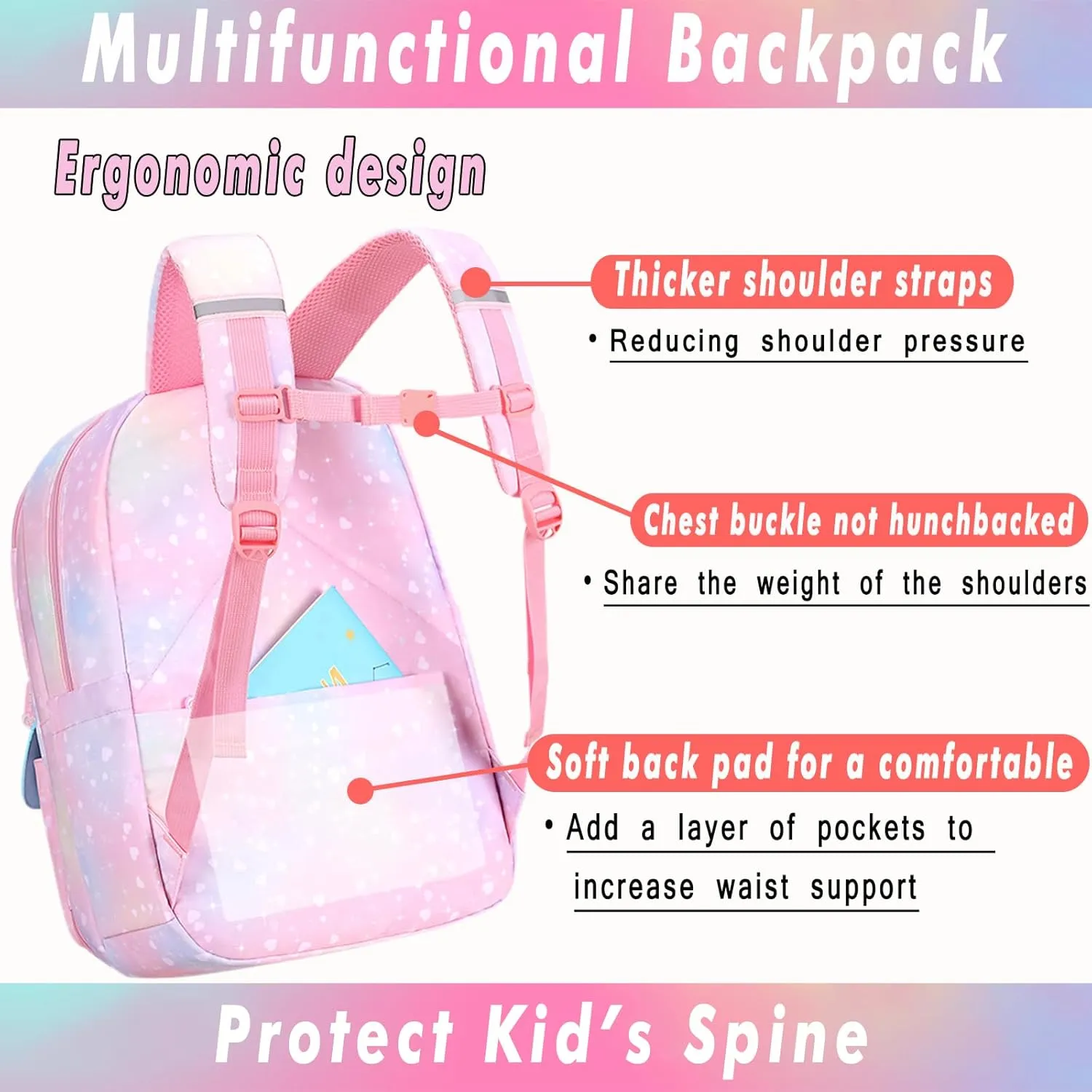 Backpacks for Girls School Cute Kids Backpack, Kawaii Backpack, Pink Girls Backpack, Starry Rainbow School Bag for Kids (Pink)