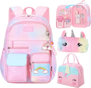 Backpacks for Girls School Cute Kids Backpack, Kawaii Backpack, Pink Girls Backpack, Starry Rainbow School Bag for Kids (Pink)