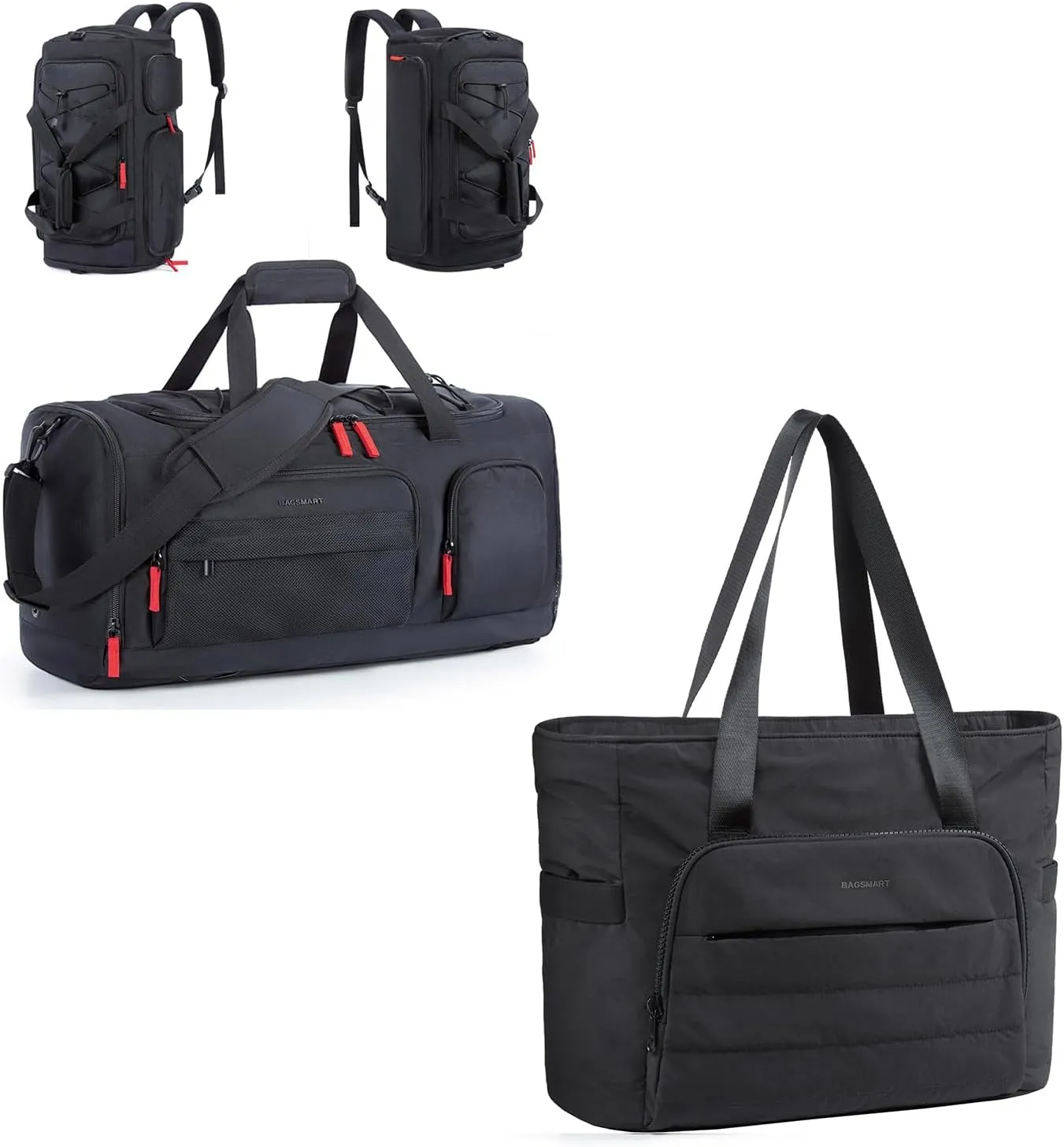 BAGSMART Gym Bag for Women & Men and Tote Bag for Women with Compartments and Yoga Mat Strap for Travel, Black