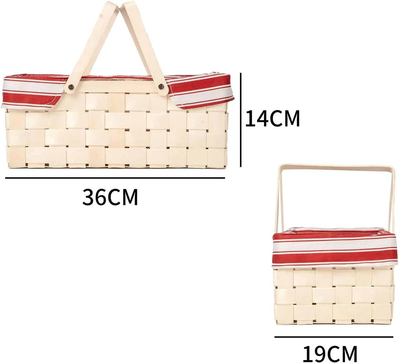 Bamboo Picnic Basket with Handle，Natural Woodchip Basket with Washable Lining for Camping（14X7.5X5.5inches） (Red)