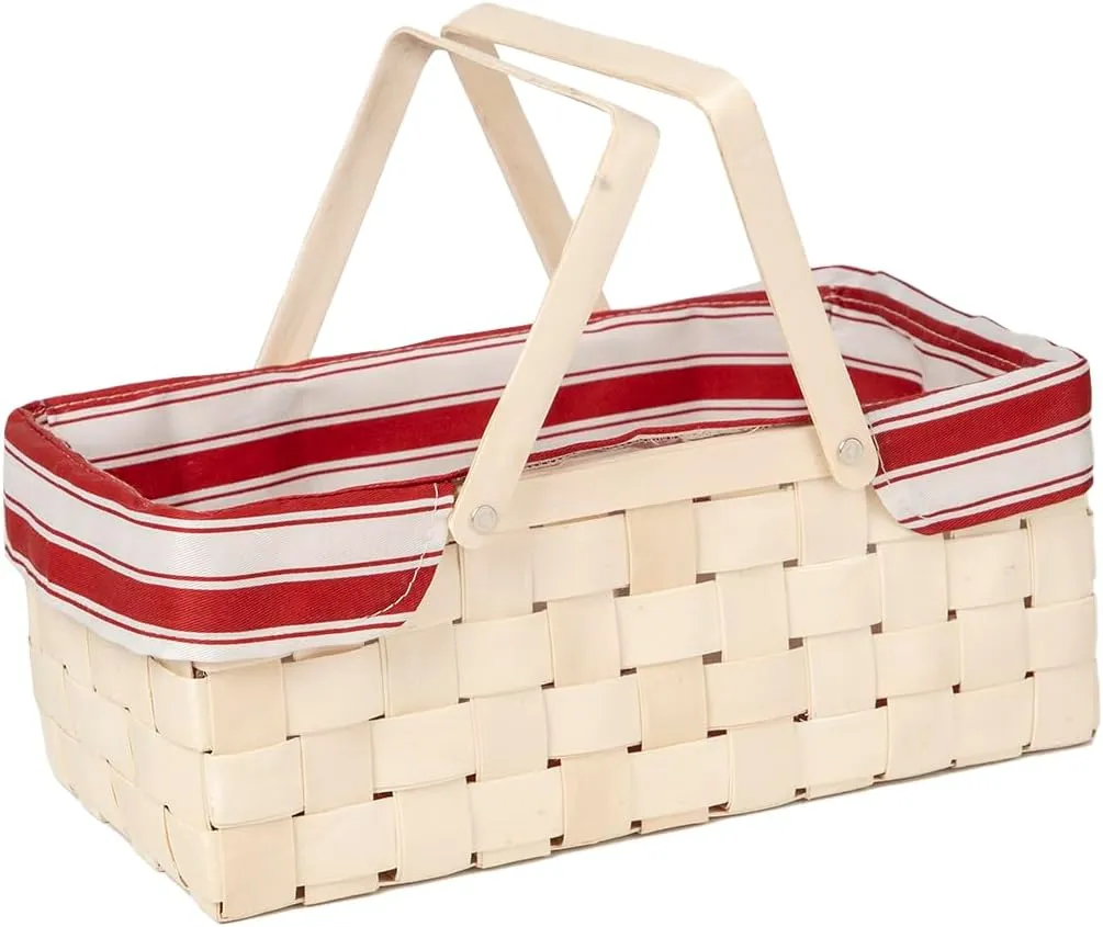 Bamboo Picnic Basket with Handle，Natural Woodchip Basket with Washable Lining for Camping（14X7.5X5.5inches） (Red)