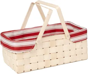 Bamboo Picnic Basket with Handle，Natural Woodchip Basket with Washable Lining for Camping（14X7.5X5.5inches） (Red)
