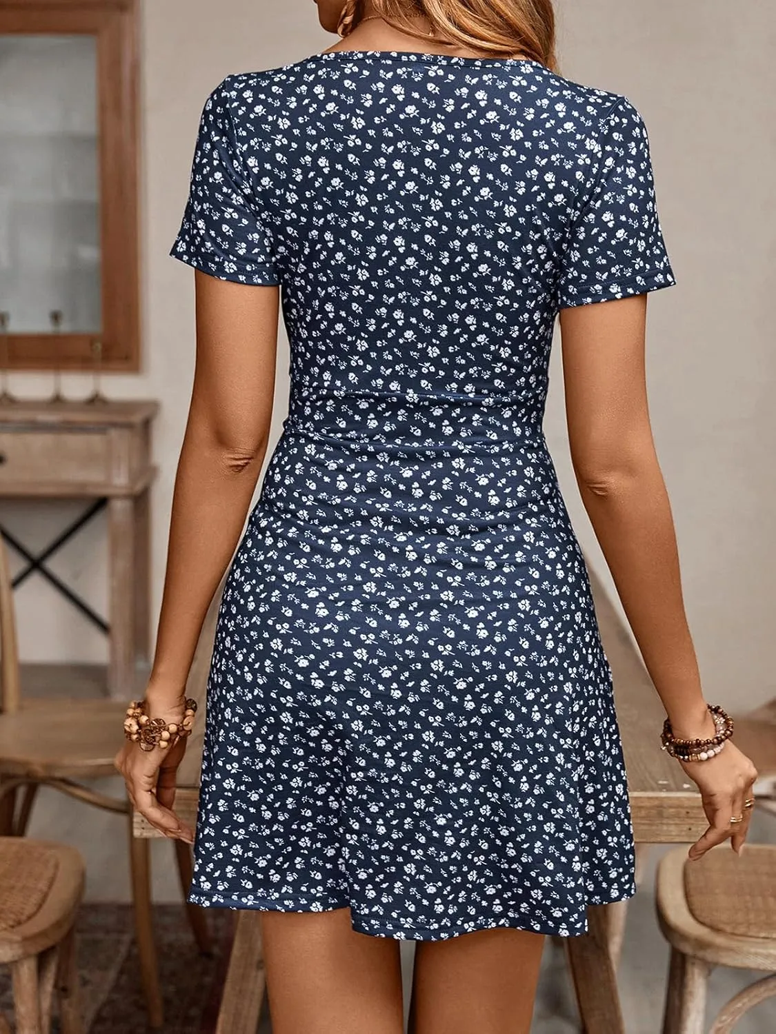 BARASA Women's Elegant Deep V Neck Short Sleeve A-Line Swing Casual Party Dresses S620